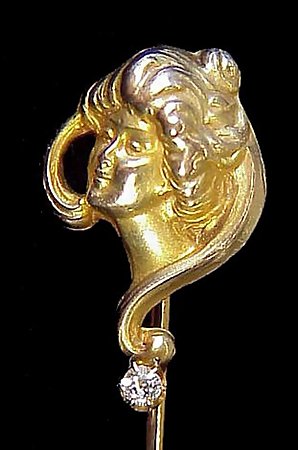 Art Nouveau 10K Gold & Diamond Lady Stickpin