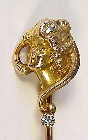 Art Nouveau 10K Gold &amp; Diamond Lady Stickpin