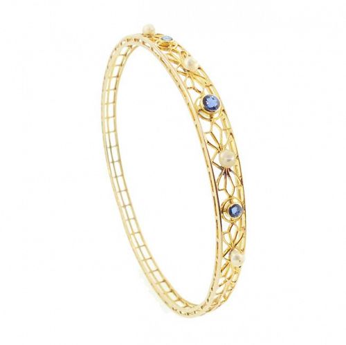 Alling & Co. 14K Gold, Sapphire & Baroque Pearl Bangle Bracelet