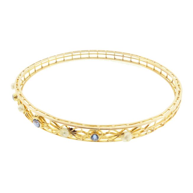 Alling &amp; Co. 14K Gold, Sapphire &amp; Baroque Pearl Bangle Bracelet