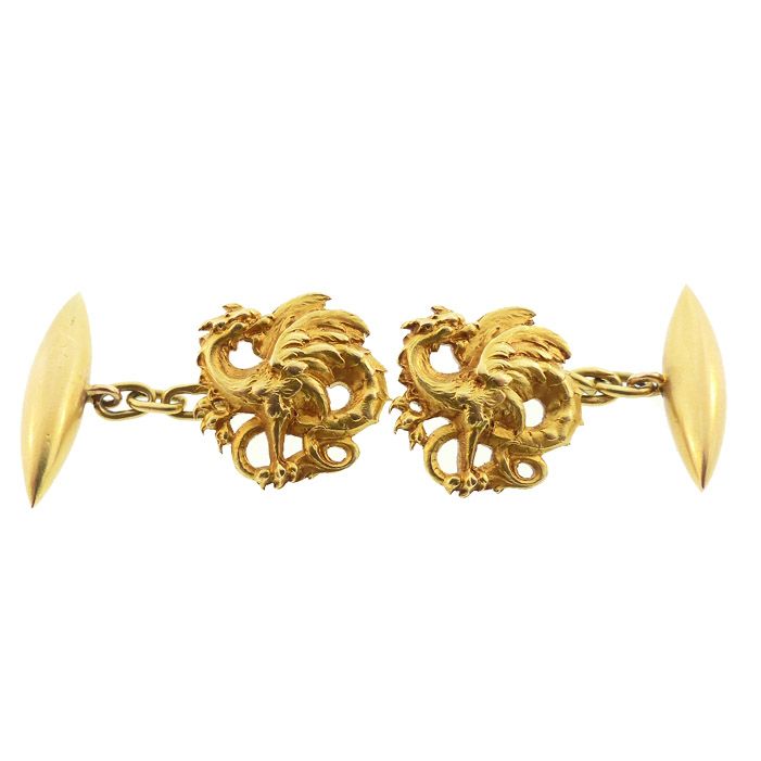 French Art Nouveau 18K Gold Mythological Dragon Cufflinks