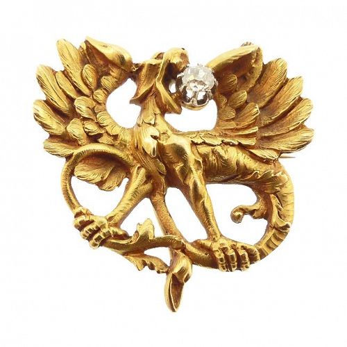 French Art Nouveau 18K Gold & Diamond Mythological Creature Watch Pin