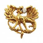 French Art Nouveau 18K Gold & Diamond Mythological Creature Watch Pin