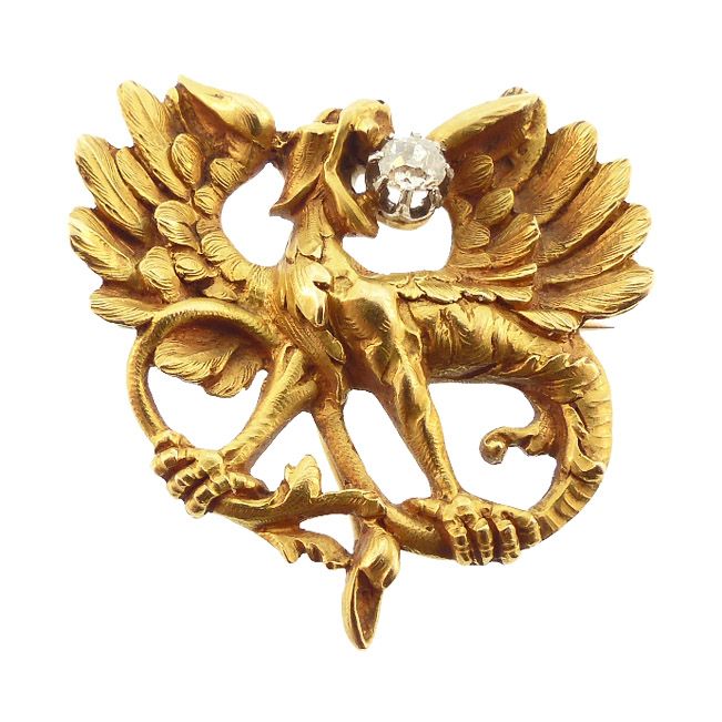 French Art Nouveau 18K Gold &amp; Diamond Mythological Creature Watch Pin