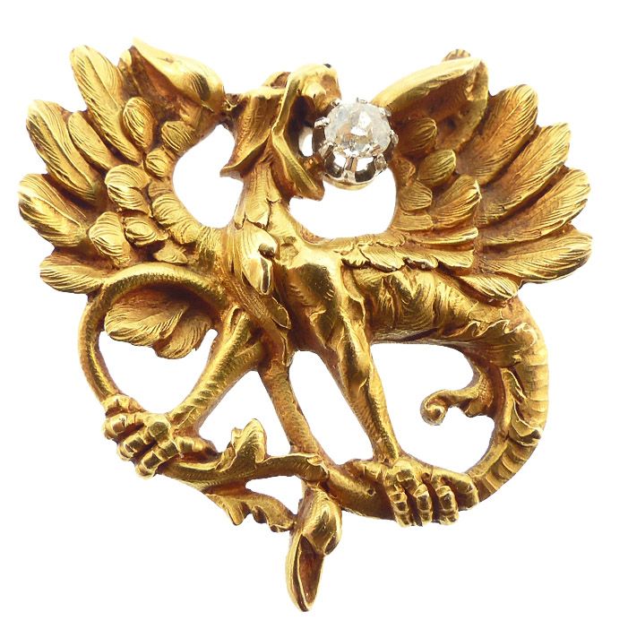 French Art Nouveau 18K Gold &amp; Diamond Mythological Creature Watch Pin