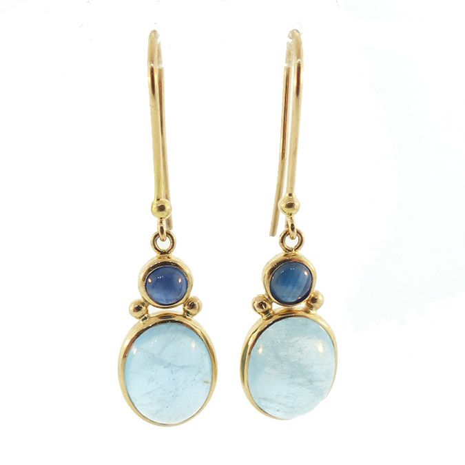 18K Gold, Aquamarine & Sapphire Dangle Earrings