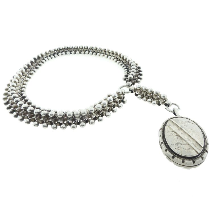 Victorian American Sterling Aesthetic Period Locket &amp; Chain Necklace