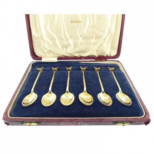 George VI English Gilt Sterling Silver Fox Head Demitasse Spoons Set