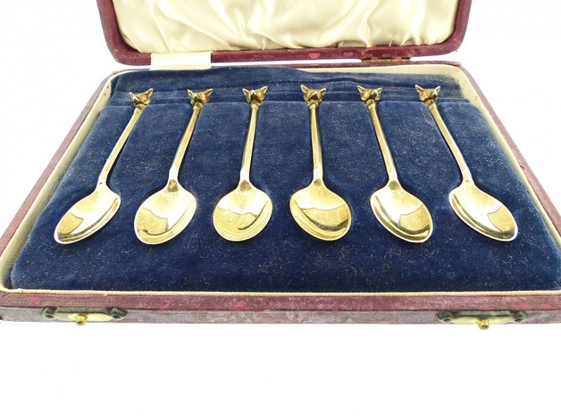 George VI English Gilt Sterling Silver Fox Head Demitasse Spoons Set