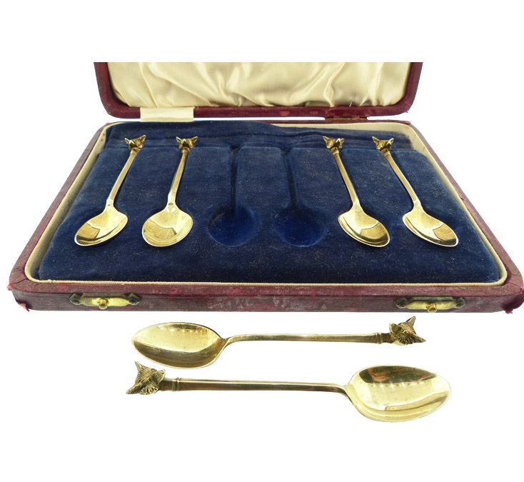 George VI English Gilt Sterling Silver Fox Head Demitasse Spoons Set