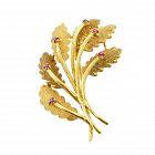 Mid-Century 14K Gold & Ruby Leaf Brooch