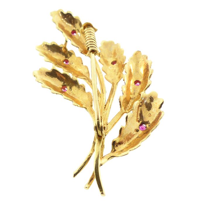 Mid-Century 14K Gold &amp; Ruby Leaf Brooch