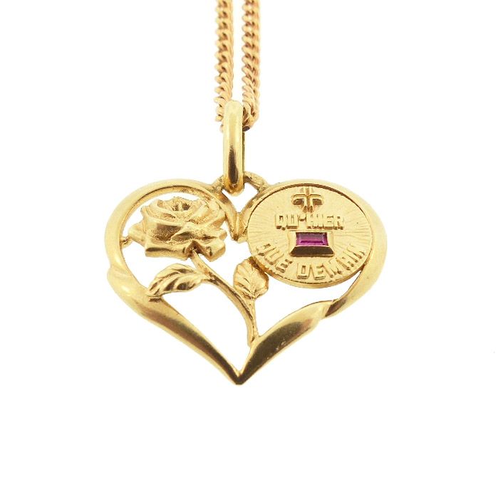 Augis 18K Gold Ruby PLUS QU’HIER Love Token Heart &amp; Rose Pendant