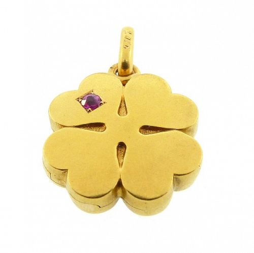 French Edwardian 18K Gold & Ruby Good Luck Four-Leaf Clover Locket