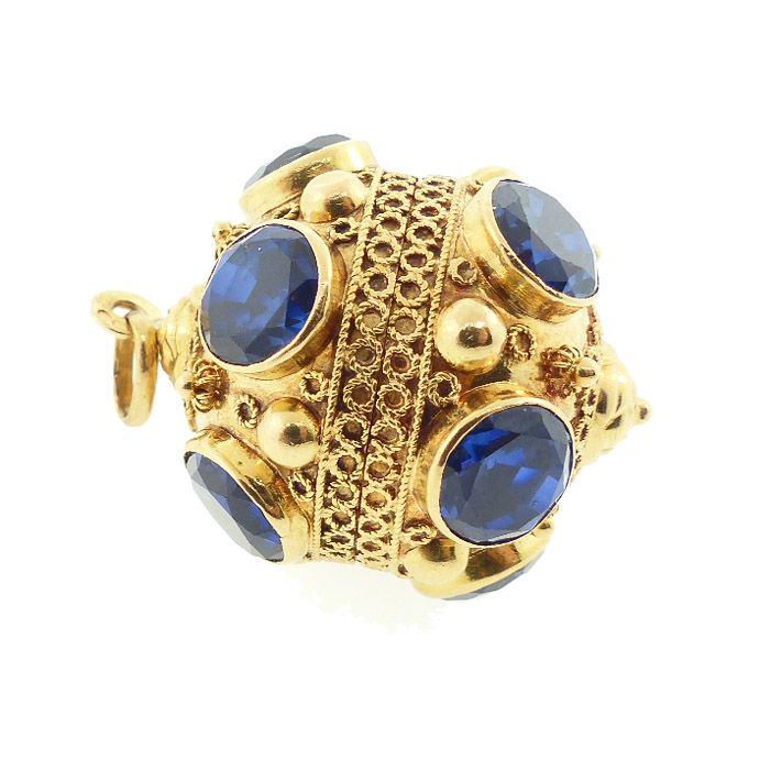 Etruscan Style 18K Gold &amp; Blue Topaz Pendant Charm Secret Compartment