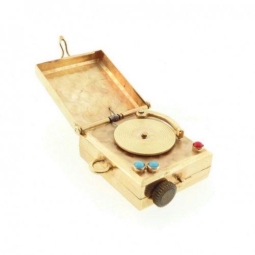 Vintage 14K Gold, Turquoise & Coral Record Player Musical Charm