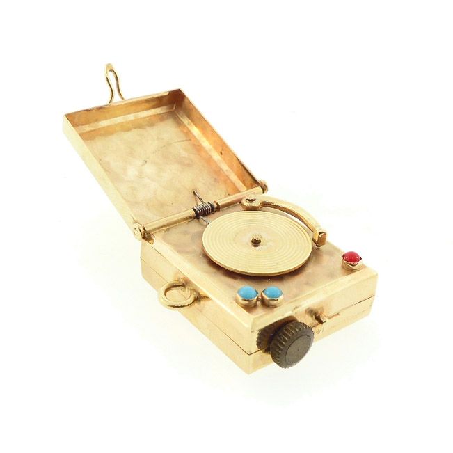Vintage 14K Gold, Turquoise &amp; Coral Record Player Musical Charm