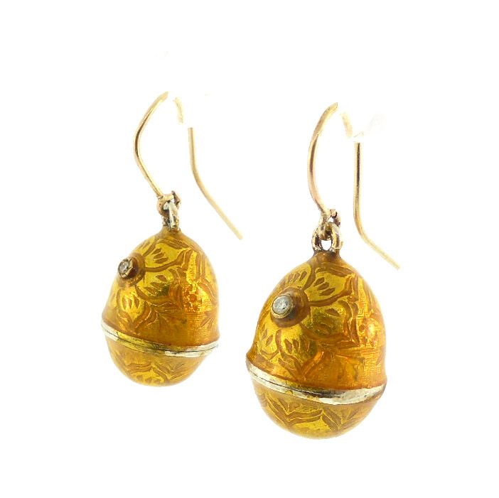 Imperial Russian Guilloche Enamel Diamond Silver 14K Gold Egg Earrings