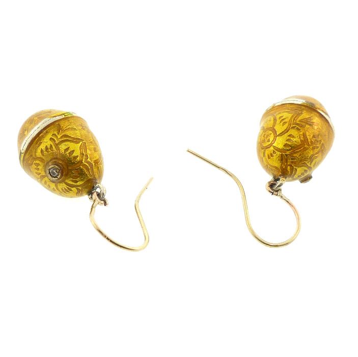Imperial Russian Guilloche Enamel Diamond Silver 14K Gold Egg Earrings