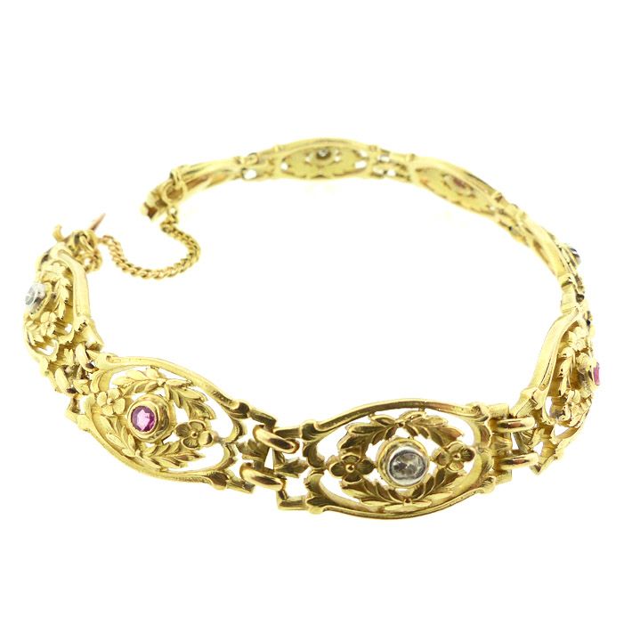 French Belle Epoque 18K Gold, Ruby &amp; Diamond Bracelet