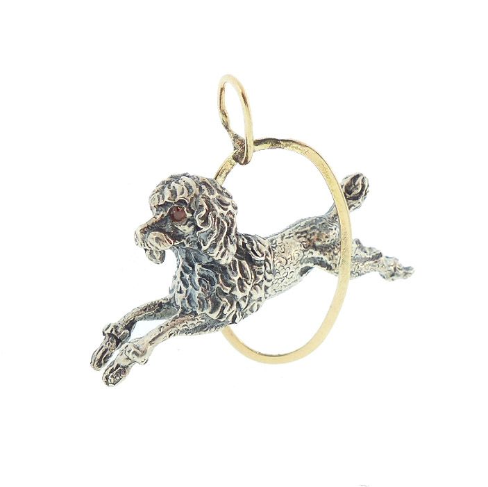 Edwardian 14K Gold, Sterling Silver &amp; Garnet Circus Poodle Pendant