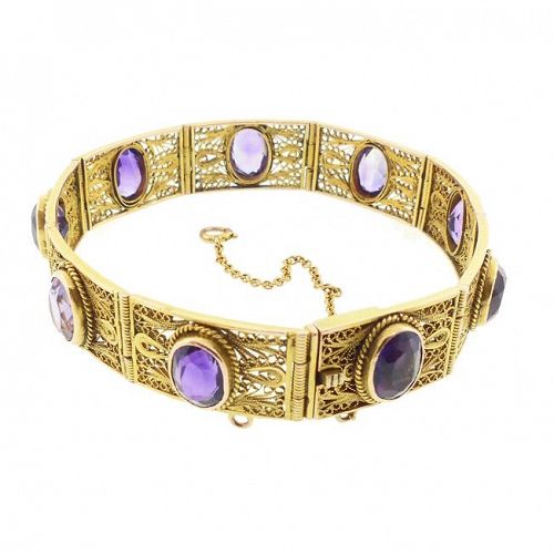 Edwardian 14K Gold Filigree & Amethyst Bracelet