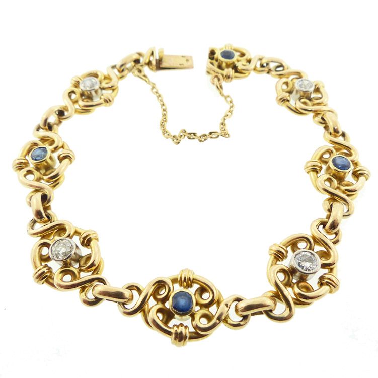 French Art Nouveau 18K Gold, Diamond &amp; Sapphire Fancy Link Bracelet