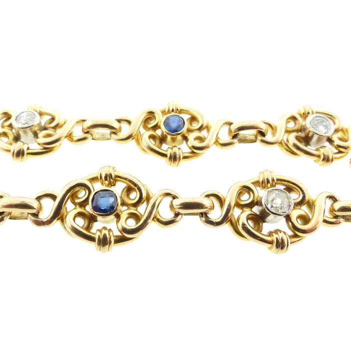 French Art Nouveau 18K Gold, Diamond &amp; Sapphire Fancy Link Bracelet