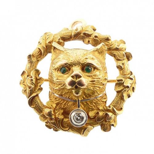 English 18K Gold, Diamond & Emerald Cat Pendant / Brooch
