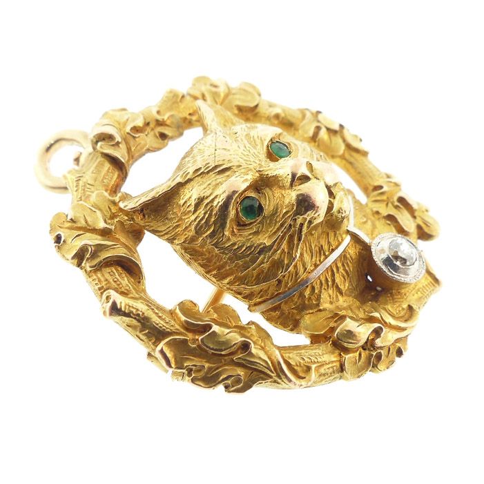 English 18K Gold, Diamond &amp; Emerald Cat Pendant / Brooch