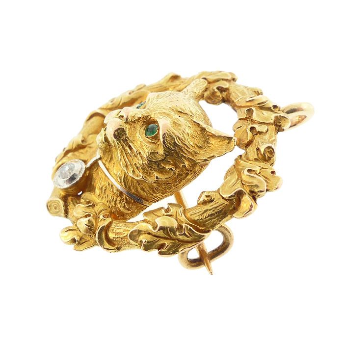 English 18K Gold, Diamond &amp; Emerald Cat Pendant / Brooch