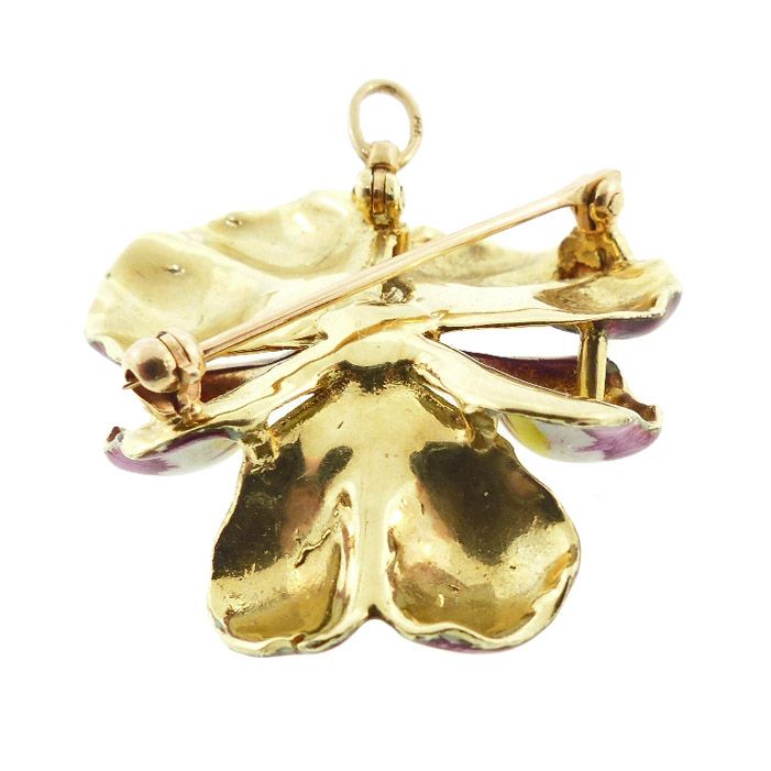 Art Nouveau Diamond Enamel 14K Gold &amp; Diamond Pansy Brooch / Pendant