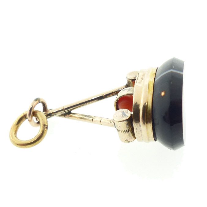 English 10K Gold, Banded Agate &amp; Coral Croquet Watch Fob