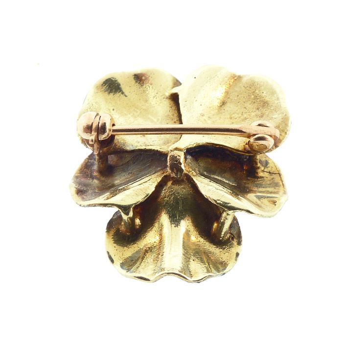 Art Nouveau Diamond Enamel 14K Gold &amp; Diamond Pansy Brooch