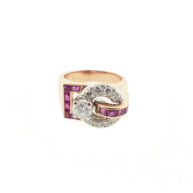 Retro 14K Gold, Platinum, Diamond & Ruby Buckle Ring