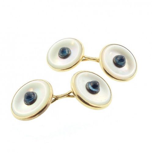 Edwardian Larter 14K Gold, Sapphire & Mother Of Pearl Cufflinks