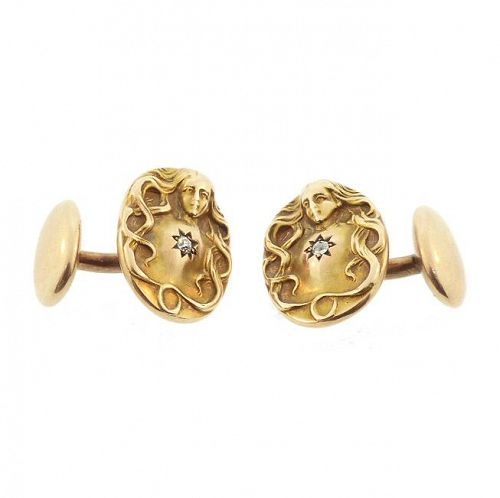 Art Nouveau 14K Gold & Diamond Nude Maiden Cufflinks