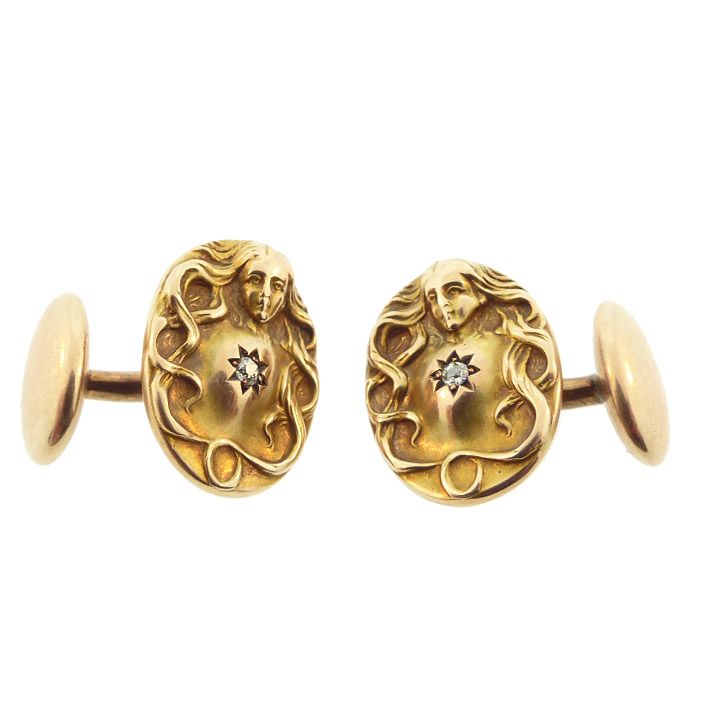 Art Nouveau 14K Gold &amp; Diamond Nude Maiden Cufflinks