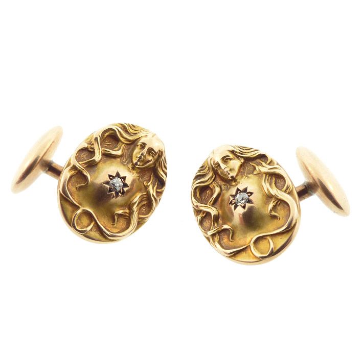 Art Nouveau 14K Gold &amp; Diamond Nude Maiden Cufflinks