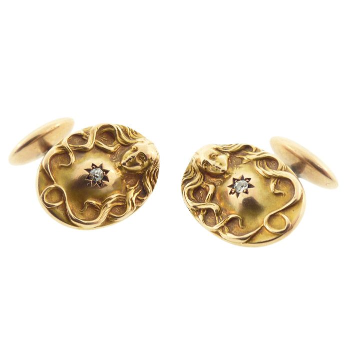 Art Nouveau 14K Gold &amp; Diamond Nude Maiden Cufflinks