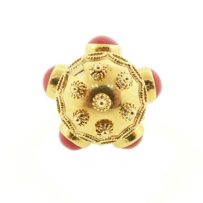 Italian Etruscan 18K Gold &amp; Coral Lantern-Form Fob Charm