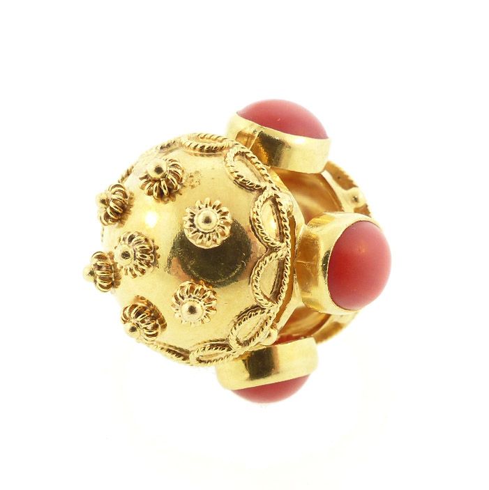 Italian Etruscan 18K Gold &amp; Coral Lantern-Form Fob Charm