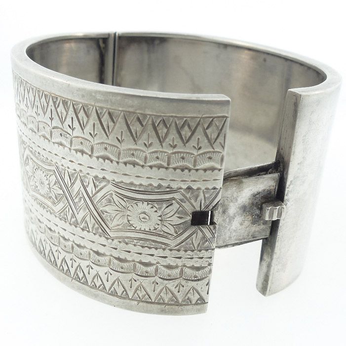Victorian Engraved Silver Aesthetic Period Wide Cuff Bangle Bracelet