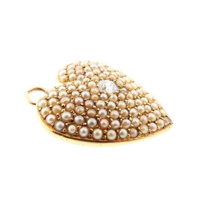 Victorian14K Gold, Seed Pearl &amp; Diamond Heart Pendant