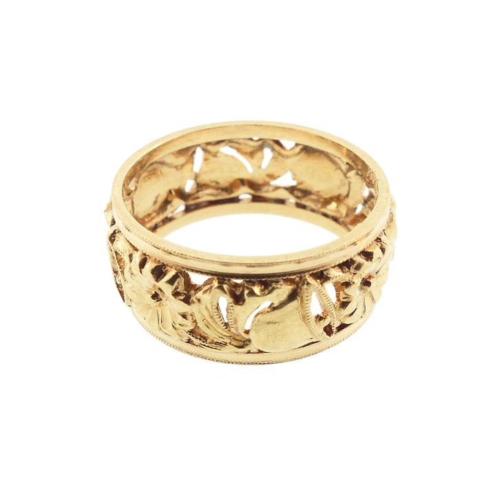 Mid-Century Pierced 14K Yellow Gold Wedding Bells &amp; Floral Band