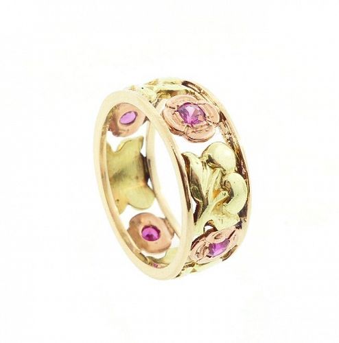 Retro 14K Yellow & Rose Gold & Ruby Flowers & Cherries Wedding Band