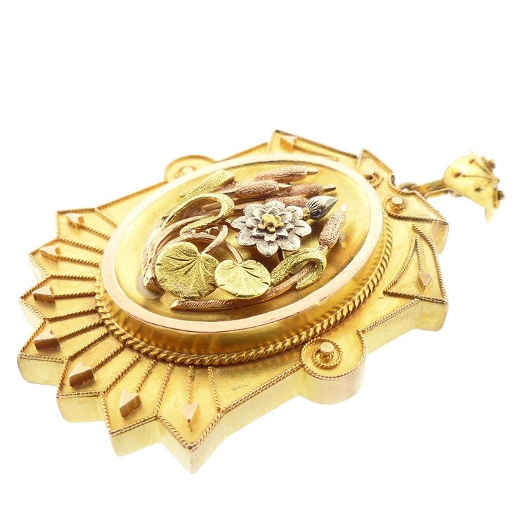 Victorian Etruscan 14K Colored Gold &amp; Platinum Lily Pond Locket