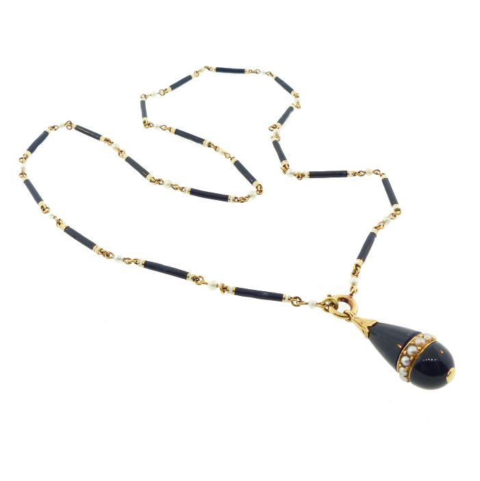 Edwardian 18K Gold, Enamel, Onyx &amp; Pearl Baton Link Necklace