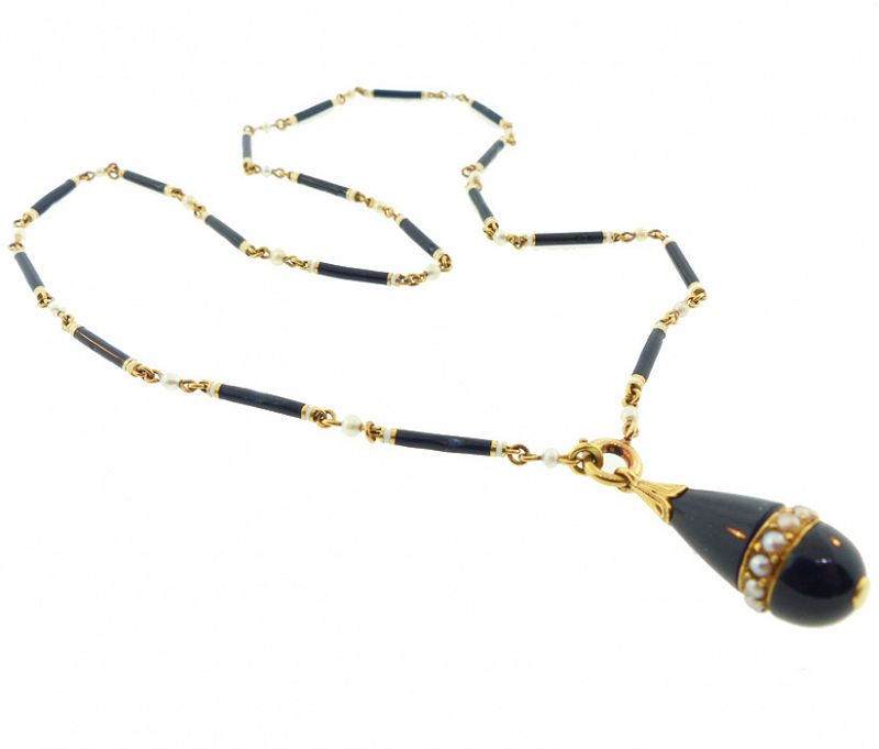 Edwardian 18K Gold, Enamel, Onyx &amp; Pearl Baton Link Necklace