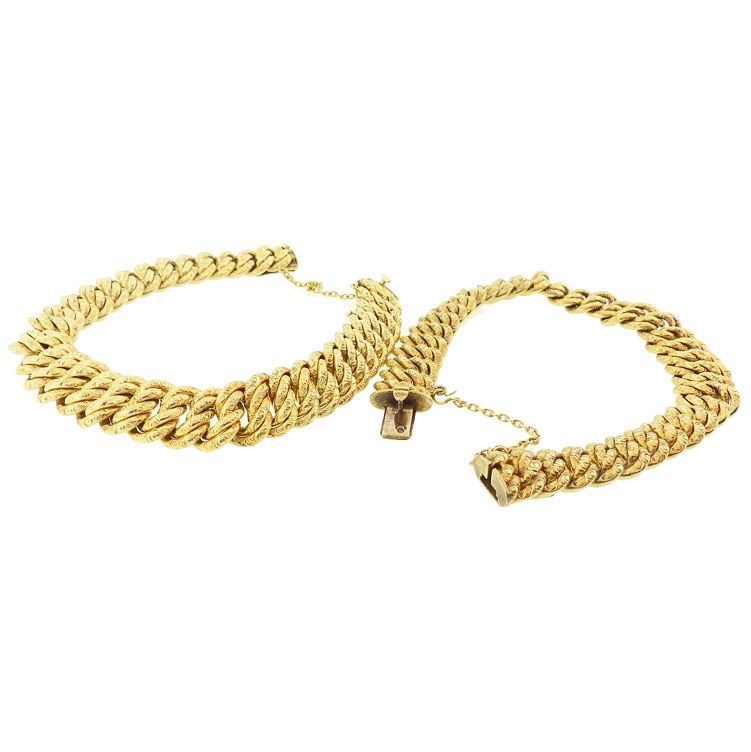 Pair Imperial Austrian 14K Gold Repousse Double Curb Link Bracelets